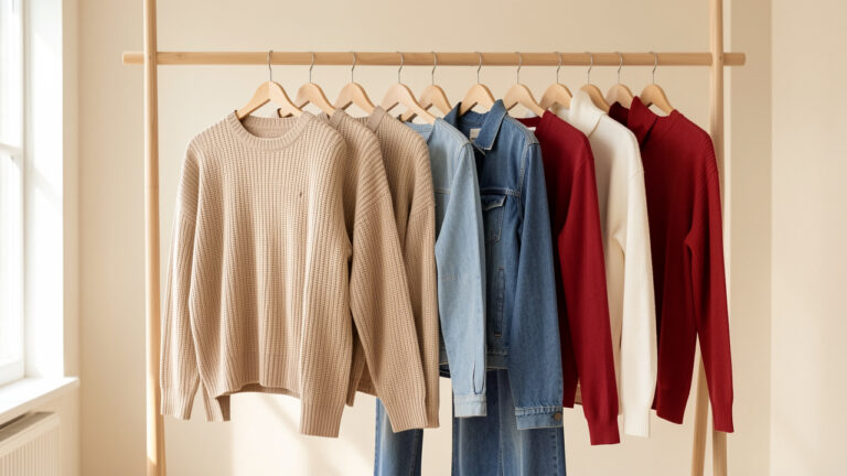 Dressing féminin lumineux et épuré avec des vêtements espacés sur des cintres en bois, dans des tons beige, denim et rouge.