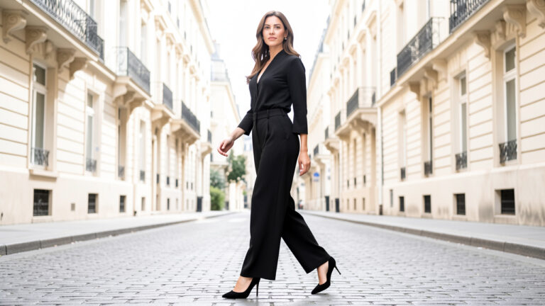 Femme en pantalon palazzo noir taille haute et escarpins noirs, marchant dans une rue parisienne lumineuse au style éditorial.