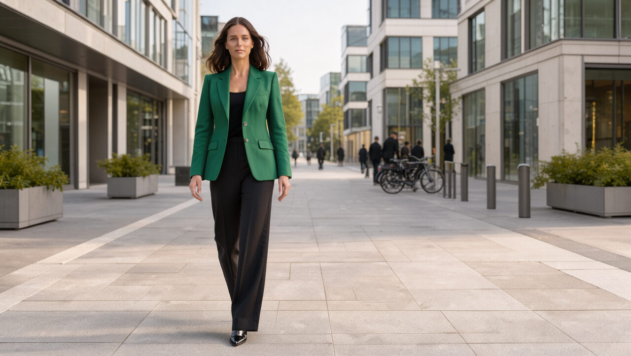Femme ronde élégante marchant dans une rue lumineuse, vêtue d’un blazer vert émeraude et d’un pantalon noir large taille haute, dans un style éditorial contemporain.
