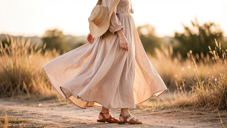 Photo réaliste d’une tenue bohème chic féminine avec une robe fluide en tons beige poudré, des accessoires naturels et une lumière dorée en extérieur.