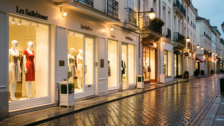 Rue commerçante élégante aux Sables-d’Olonne, vitrines de mode femme illuminées, reflets dorés sur le sol, ambiance lumineuse et chic.