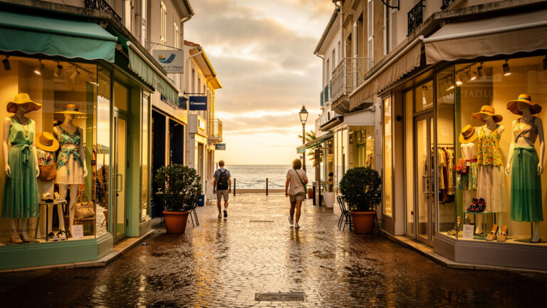 Rue commerçante en bord de mer aux Sables-d’Olonne, vitrines de mode pour femmes, vitrines lumineuses et reflets sur les pavés sous une lumière dorée.