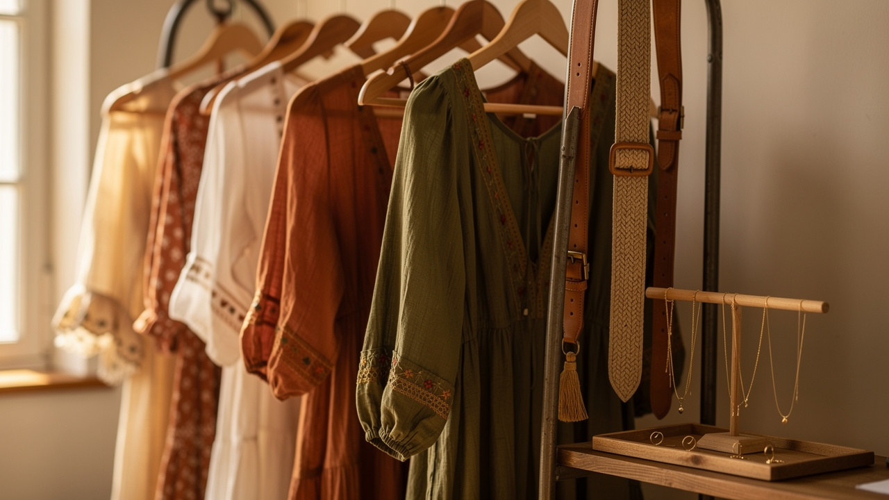 Sélection de robes, blouses et accessoires bohème chic exposés dans une boutique féminine, ambiance chaleureuse et lumière naturelle.