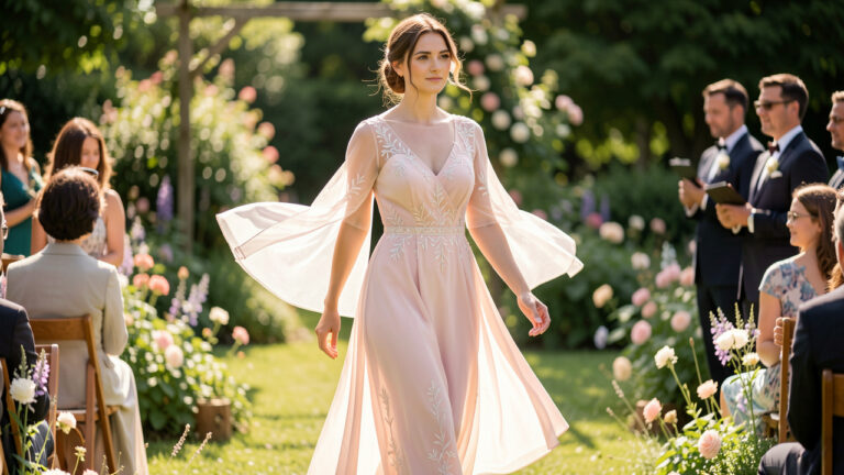 Femme élégante portant une tenue légère de mariage d’été à manches fluides dans un jardin baigné de soleil.